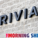 A photo of a Rivian logo on the side of a building.